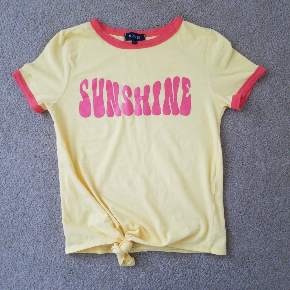 Womens Yellow T-Shirt Roolee Tie Front Ringer Tee